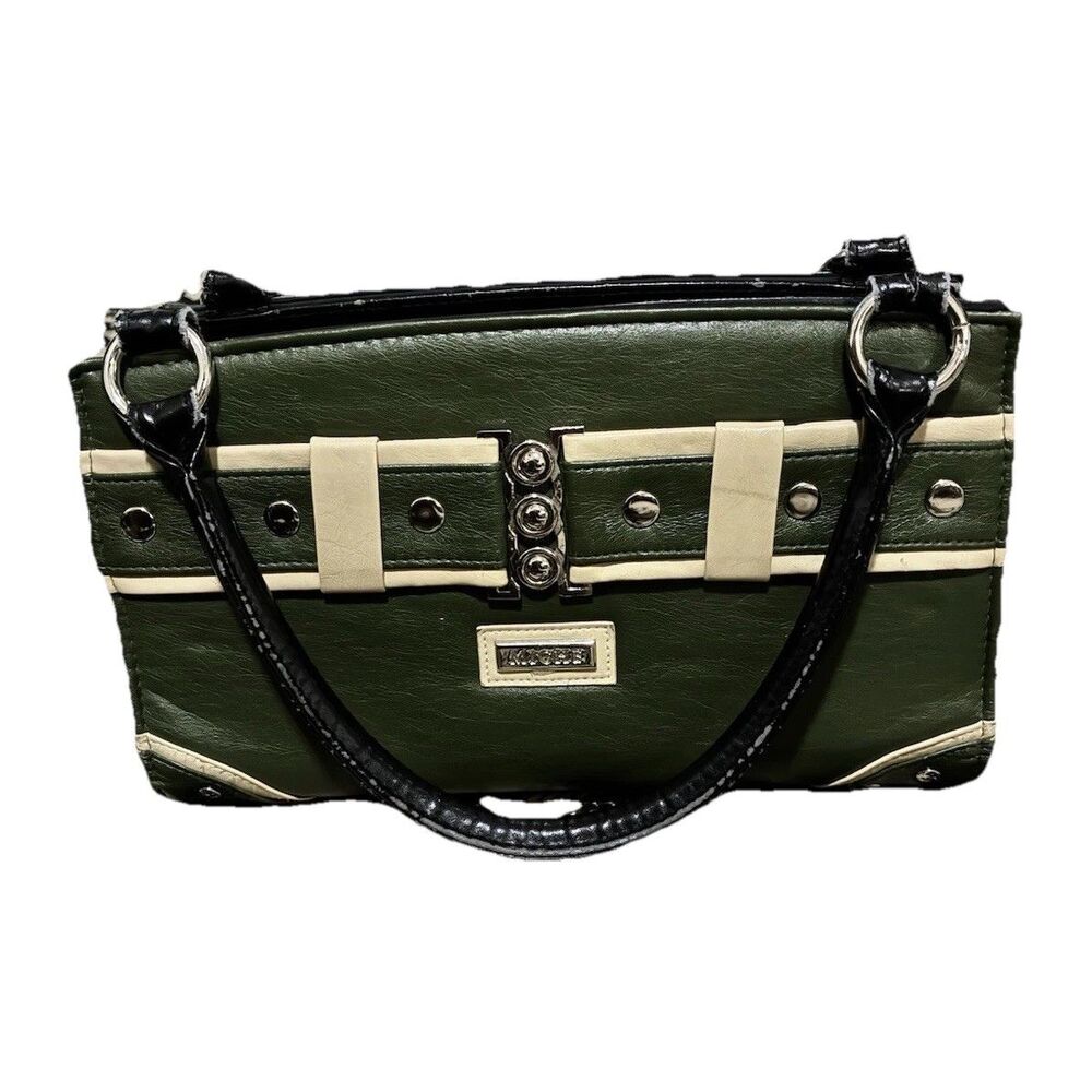 Miche Changeable Green/Beige Structured Shoulder Bag Black Handle Silver Details